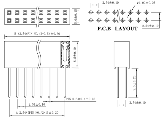 Dimensions (in mm) of the Stackable 0.100″ Female Header for TI-RSLK MAX: 2×19-Pin, Straight.