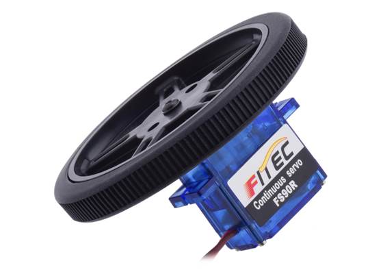 Pololu Wheel 60x8mm for FEETECH FS90R/FT90R Micro Servo, mounted on an FS90R micro servo.