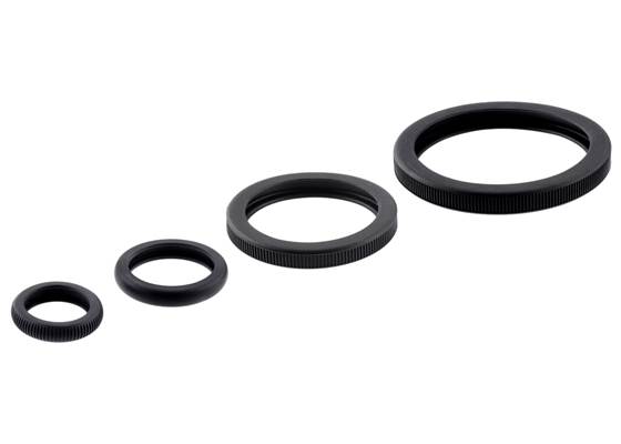 From left to right: Silicone Tire for 32x7mm, 40x7mm, 60x8mm/70x8mm, and 80x10mm/90x10mm Pololu Wheels.