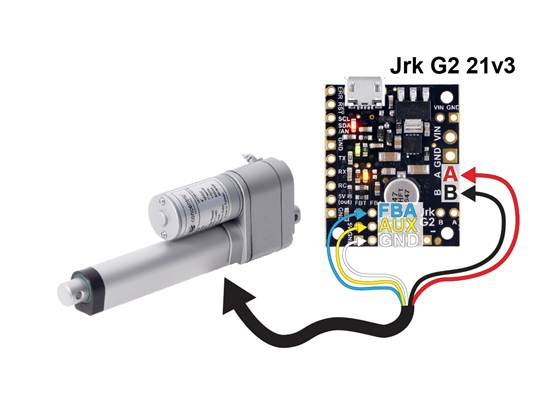 Connecting a light-duty linear actuator with feedback to a Jrk 21v3 motor controller.
