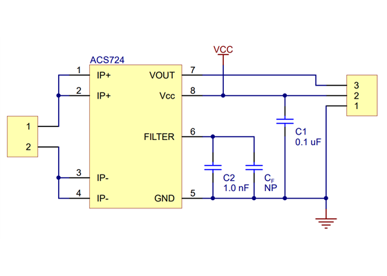 Schematic diagram of the ACS724 Current Sensor Carrier.
