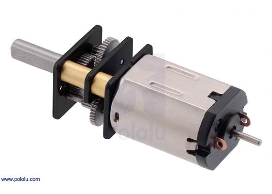 380:1 HPCB Micro Metal Gearmotor with extended motor shaft, long-life carbon brushes, and stainless steel gearbox plates.