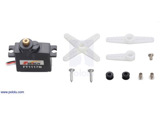 FEETECH Mini Servo FT1117M with included hardware (actual hardware might vary).