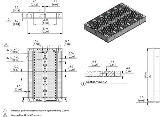 Dimension diagram of the Pololu 400-Point Breadboard with Mounting Holes.  Units are mm over [inches].