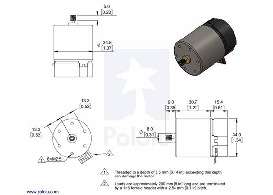 Dimensions of the Motor with 64 CPR Encoder for 37D mm Metal Gearmotors (No Gearbox, Helical Pinion).  Units are mm over [inches].
