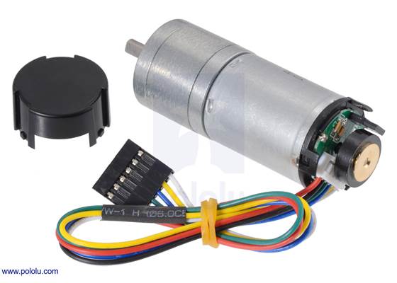 25D&nbsp;mm metal gearmotor with 48&nbsp;CPR encoder (with end cap removed).