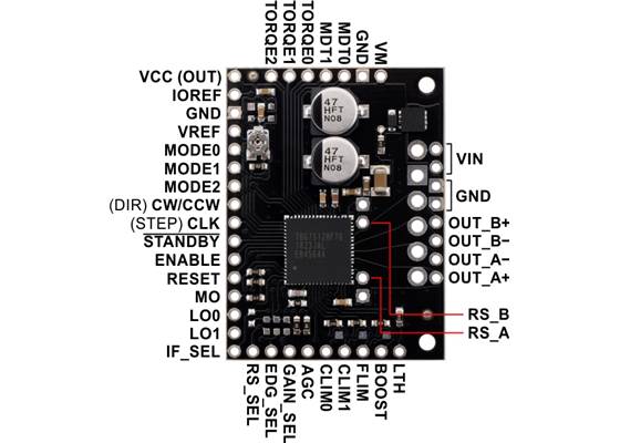 TB67S128FTG Stepper Motor Driver Carrier, top view with labeled pinout.