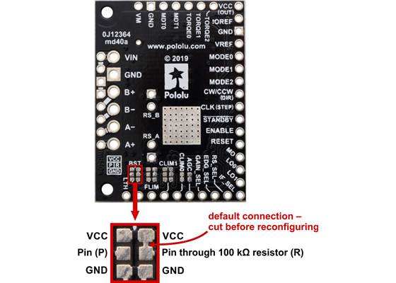 TB67S128FTG Stepper Motor Driver Carrier, Active Gain Control configurable logic input pin surface mount jumpers.