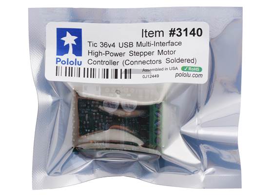 Standard packaging for the Tic 36v4 USB Multi-Interface High-Power Stepper Motor Controller (Connectors Soldered).