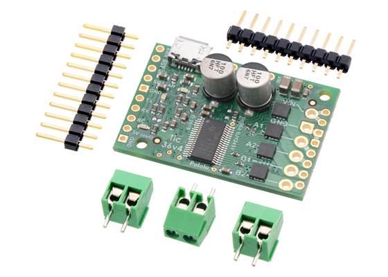 Tic 36v4 USB Multi-Interface High-Power Stepper Motor Controller (without connectors soldered) with included headers and terminal blocks.