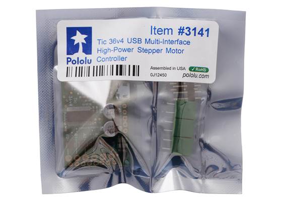 Standard packaging for the Tic 36v4 USB Multi-Interface High-Power Stepper Motor Controller.