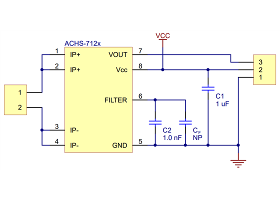 Schematic diagram of the ACHS-712x Current Sensor Carrier.