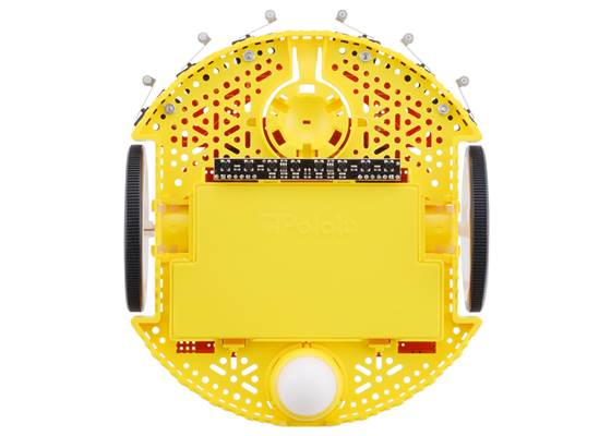 Bottom view of Romi chassis with 8-Channel QTRX Sensor Array for Romi/TI-RSLK MAX.