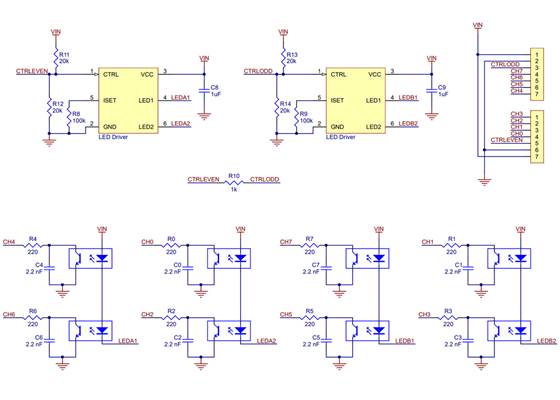 Schematic diagram of the 8-Channel QTRX Sensor Array for Romi/TI-RSLK MAX.