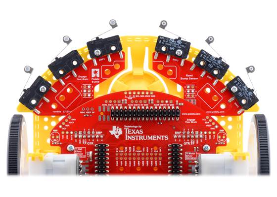 Left and right bumper switch assemblies mounted on a TI-RSLK MAX robot.
