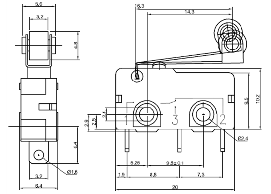 Dimensions (in mm) of snap-action switch with 16.3mm roller lever: 3-pin, SPDT, 5A.