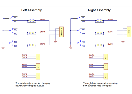 Schematic diagram of the Bumper Switch Assembly for Romi/TI-RSLK MAX.