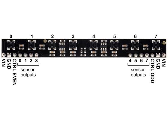 Pinout diagram of the 8-Channel QTRX Sensor Array for Romi/TI-RSLK MAX.