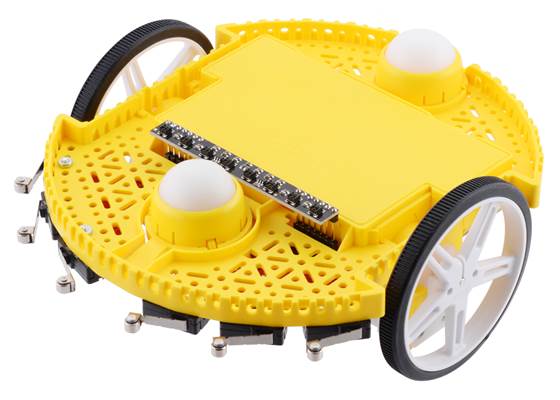 Bottom view of Romi chassis with 8-Channel QTRX Sensor Array for Romi/TI-RSLK MAX and optional front ball caster. (1)