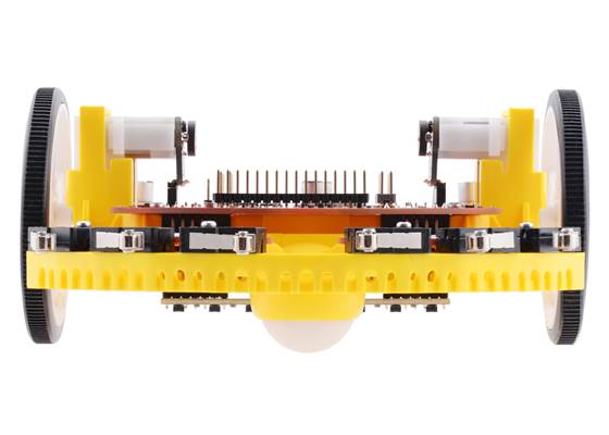 Front view of Romi chassis with 8-Channel QTRX Sensor Array for Romi/TI-RSLK MAX and optional front ball caster.