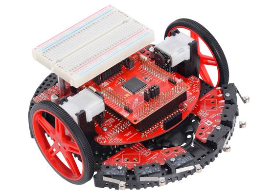 Pololu Chassis Kit for TI-RSLK MAX, assembled with breadboard at 1″ height and TI MSP432 LauchPad (not included).