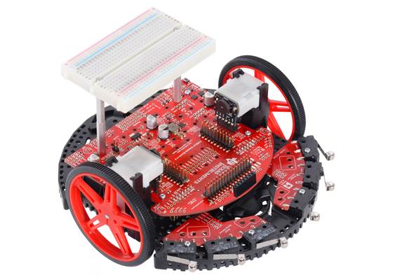Pololu Chassis Kit for TI-RSLK MAX, assembled with breadboard at 2″ height and TI MSP432 LauchPad (not included).