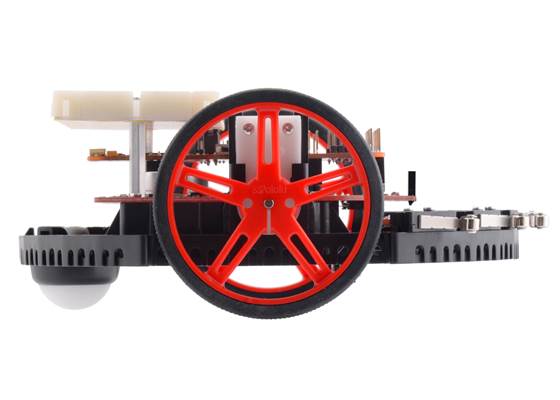 Side view of Pololu Chassis Kit for TI-RSLK MAX, assembled with breadboard at 1″ height and TI MSP432 LauchPad (not included).