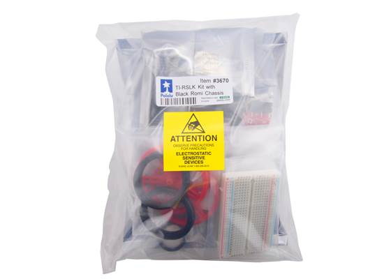 Standard packaging for the TI-RSLK MAX Kit with Black Romi Chassis.