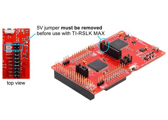 The LaunchPad’s 5V jumper must be removed prior to use with the TI-RSLK MAX in order to avoid potentially damaging the Chassis Board.
