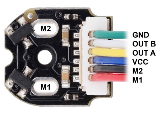 Pinout of Magnetic Encoder with Top-Entry Connector for Micro Metal Gearmotors, magnet-side view of PCB with JST cable plugged in (cable not included).