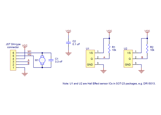 Schematic diagram of the Magnetic Encoder Pair Kit with JST SH-Type Connector (Top-Entry or Side-Entry) for Micro Metal Gearmotors.