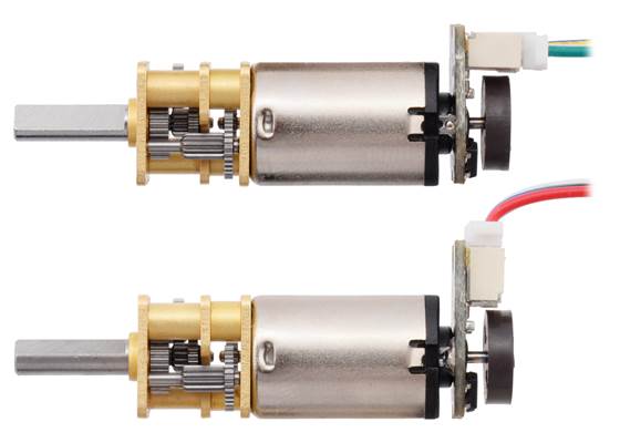 Magnetic Encoder with Top-Entry Connector (top) and Side-Entry Connector (bottom) assembled Micro Metal Gearmotors with Extended Motor Shafts (JST cables not included).
