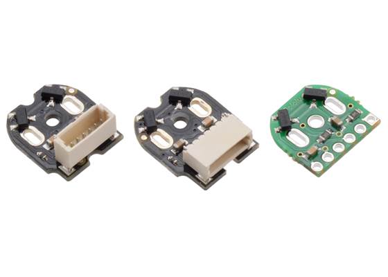 Side-by-side comparison of Magnetic Encoder with Top-Entry Connector (left), Side-Entry Connector (center), and 2mm-pitch through-holes (right).