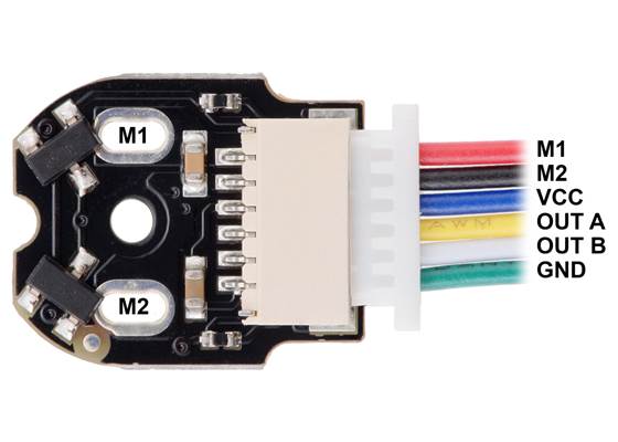 Pinout of Magnetic Encoder with Side-Entry Connector for Micro Metal Gearmotors, magnet-side view of PCB with JST cable plugged in (cable not included).