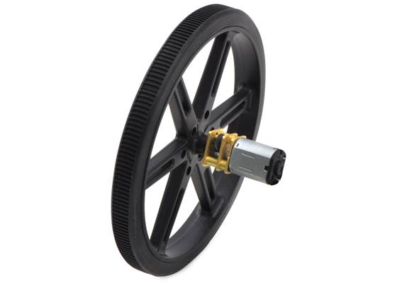 Black Pololu Wheel 90×10mm on a Pololu Micro Metal Gearmotor.