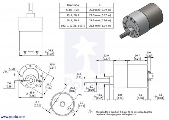 Dimensions of the 37D metal gearmotors (without encoders).  Units are mm over [inches].