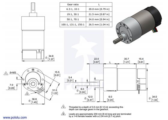 Dimensions of the 37D metal gearmotors with 64&nbsp;CPR encoders.  Units are mm over [inches].