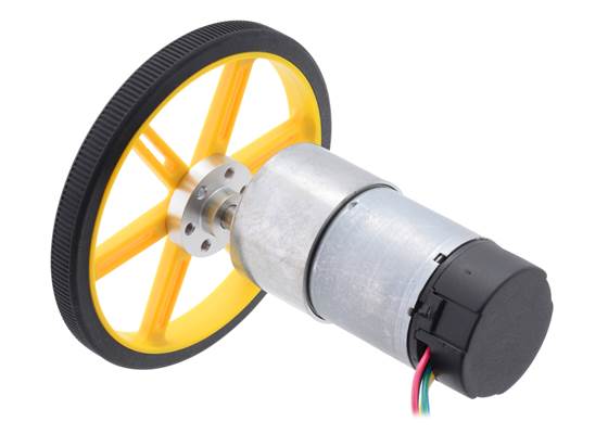 37D&nbsp;mm metal gearmotor with 64&nbsp;CPR encoder connected to a Pololu 90x10mm wheel with a Pololu universal mounting hub.