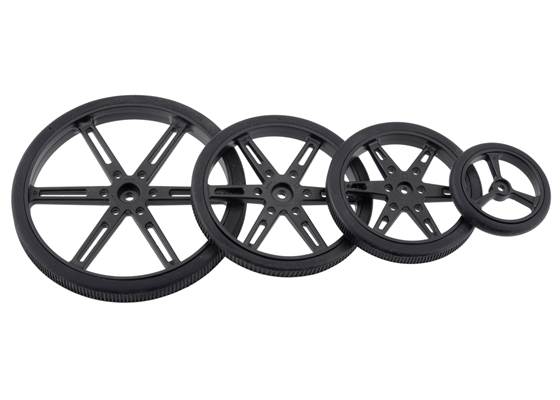 Black Pololu Wheels for Standard and Micro Servos – 90, 70, 60, and 40&nbsp;mm diameters.