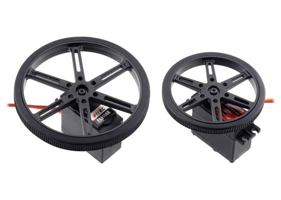 90&nbsp;mm and 70&nbsp;mm Pololu Wheels for Standard Servo Splines on FEETECH&#8217;s FS5106R and Power HD&#8217;s AR-3606HB continuous rotation servos.