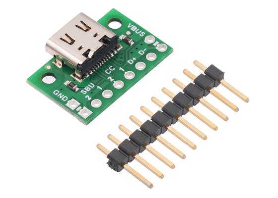 USB 2.0 Type-C Connector Breakout Board (usb07b) with included optional header pins.