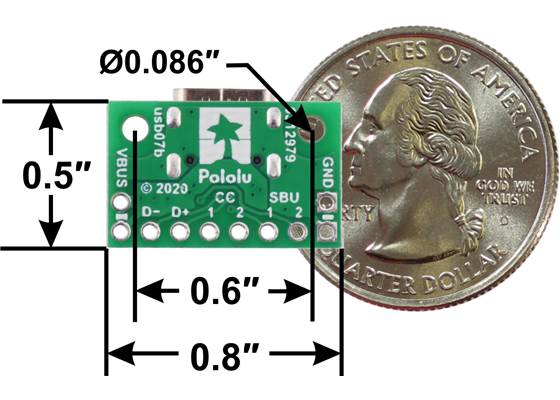 USB 2.0 Type-C Connector Breakout Board (usb07b), bottom view with dimensions.