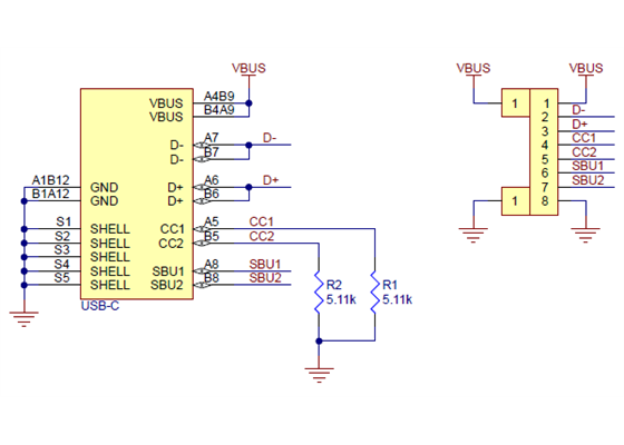 Schematic diagram of the USB 2.0 Type-C Connector Breakout Board (usb07b).