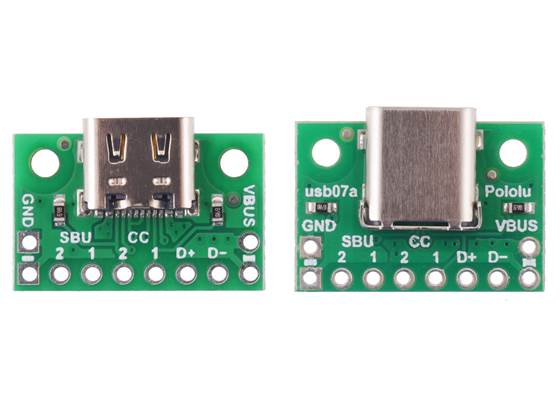 Comparison of USB 2.0 Type-C connector breakout boards: usb07b on left, usb07a on right.