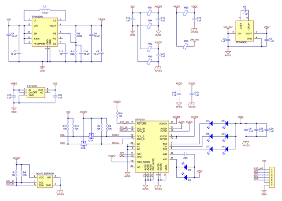 Schematic diagram of the 3-Channel Wide FOV Time-of-Flight Distance Sensor Using OPT3101.