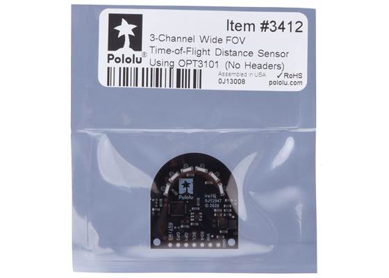 Standard packaging for the 3-Channel Wide FOV Time-of-Flight Distance Sensor Using OPT3101 (No Headers).