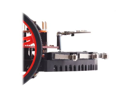 OPT3101 distance sensor module installed on a TI-RSLK MAX with optional mounting screws, side view.