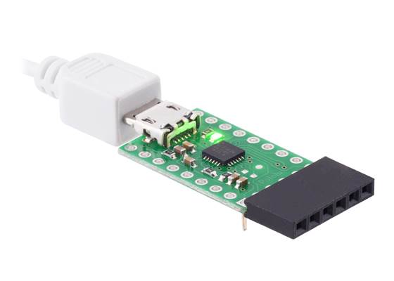 CP2102N USB-to-serial adapter carrier with included 6-pin 0.1″ right-angle female header installed.