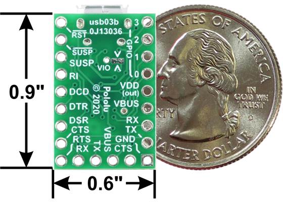 CP2102N USB-to-serial adapter carrier, bottom view with dimensions.
