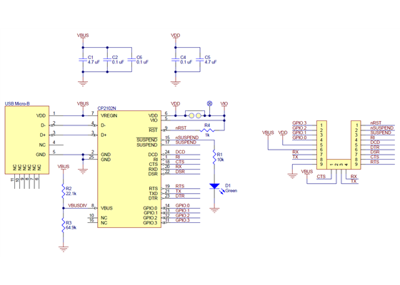 Schematic diagram of the CP2102N USB-to-serial adapter carrier.